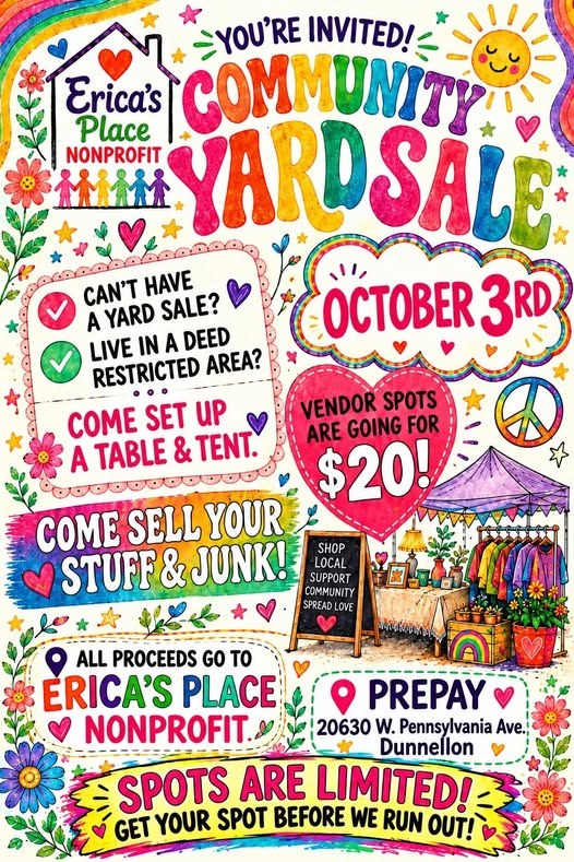 Flyer for the Community Yard Sale on October 3 at Erica's Place, vendor spots $20