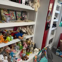 Shelves of stuffed animals, games and toys